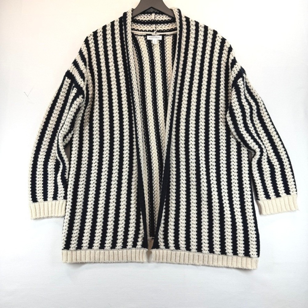 NEW Nordstrom Signature Chainette Wool Cashmere Cardigan S Black Ivory Stripe